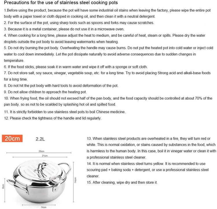 Japanese Deep Frying Pot with a Thermometer and a Lid 304 Stainless Steel Kitchen Tempura Fryer Pan