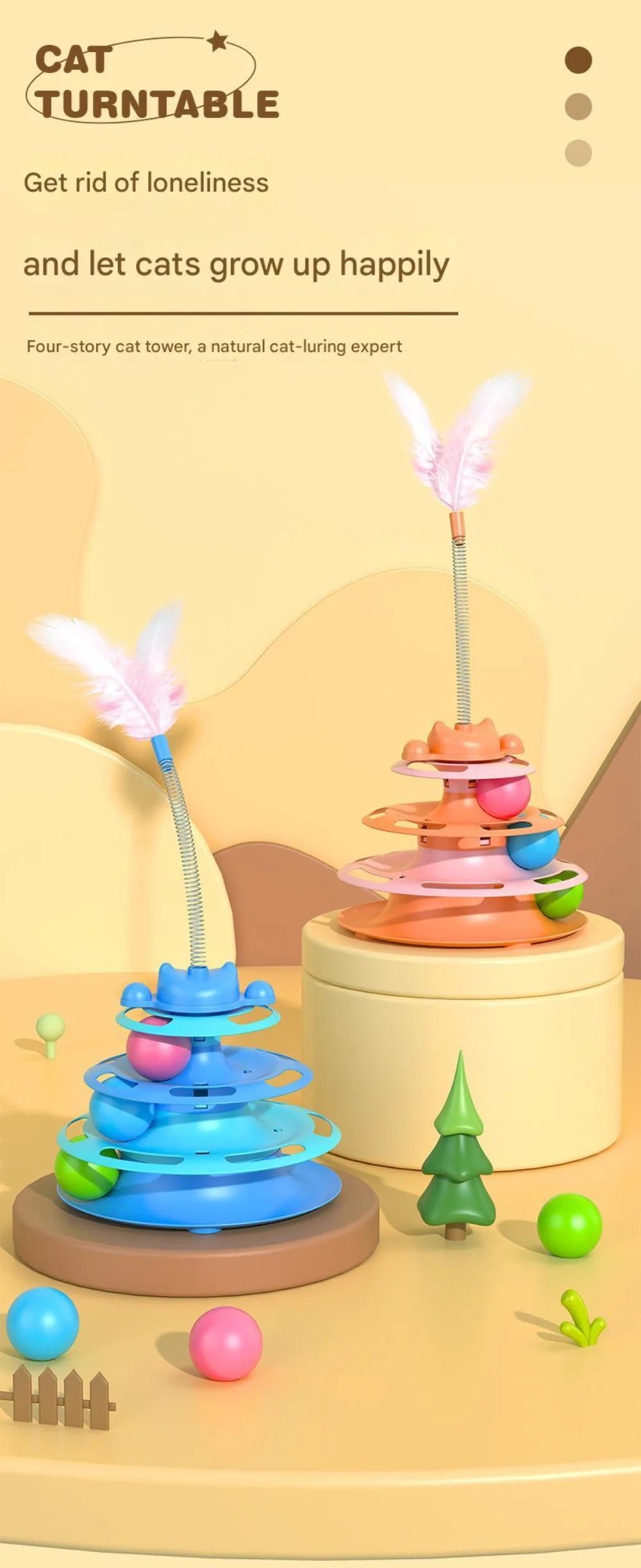 4-Layer 1pcs  Feather Cat Turntable With Fun Toy Ball And Playing Stick - Interactive Toy For Cats