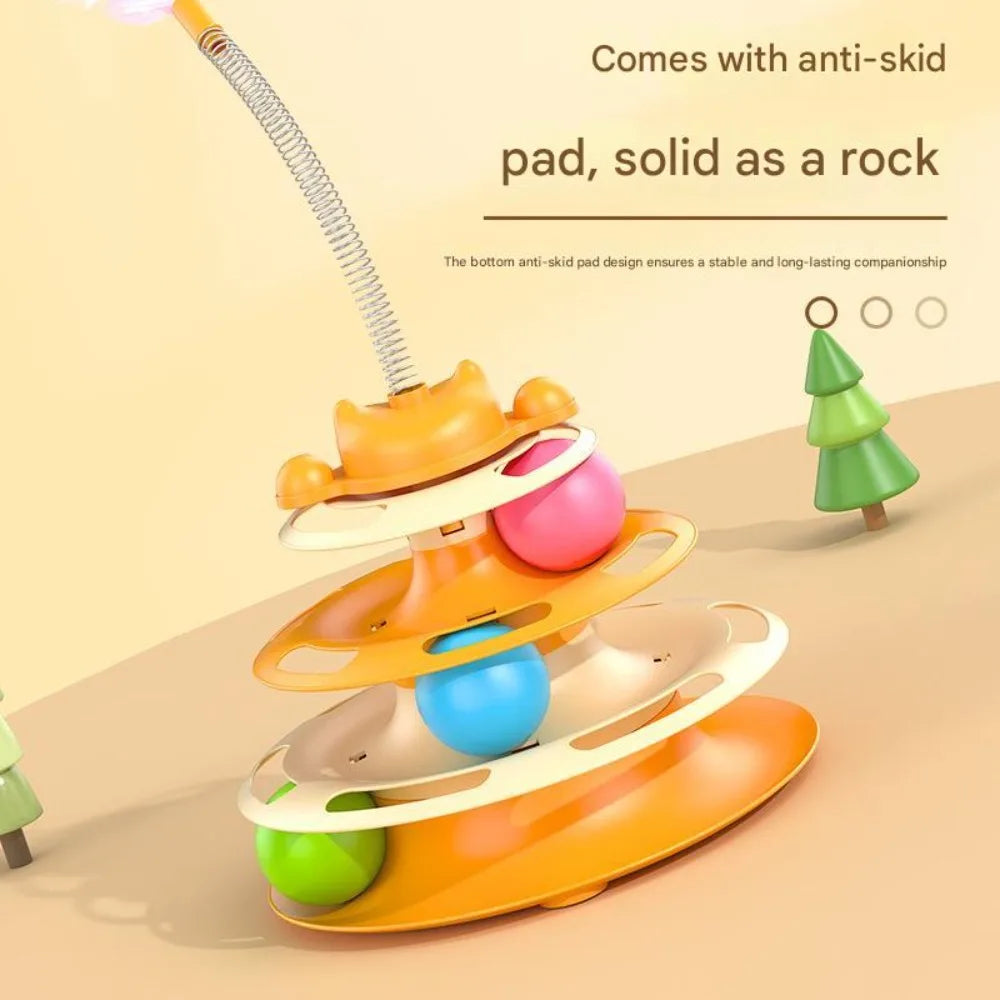 4-Layer 1pcs  Feather Cat Turntable With Fun Toy Ball And Playing Stick - Interactive Toy For Cats