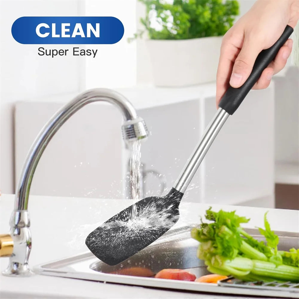 2 Pieces Silicone Spatula Kitchen Cooking Utensils Stainless Steel Tight Spatula Leaky Spatula Non-stick Cookware Kitchen Tools