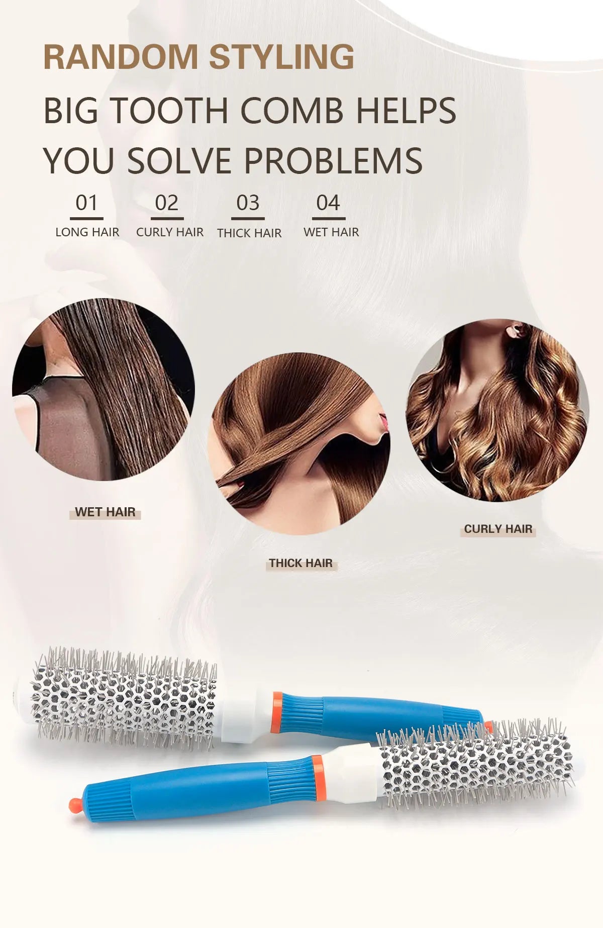 Professional Salon Hair Styling Brush Round Barrel Curly Hair Comb Hairdressing Comb Wet and Dry Dual Use Hairbrush Roller Tools
