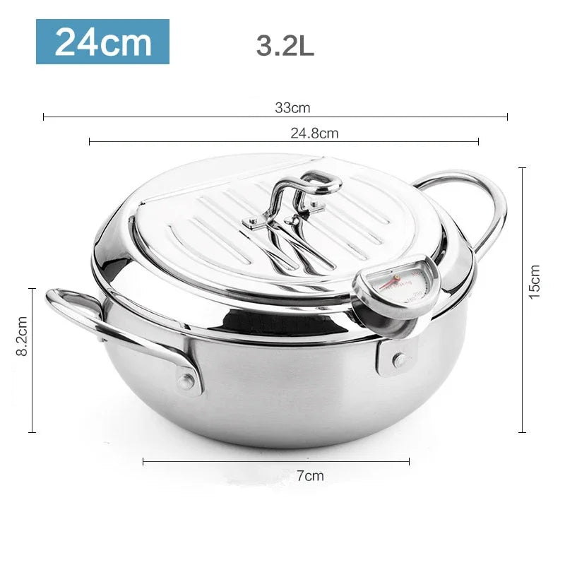 Japanese Deep Frying Pot with a Thermometer and a Lid 304 Stainless Steel Kitchen Tempura Fryer Pan