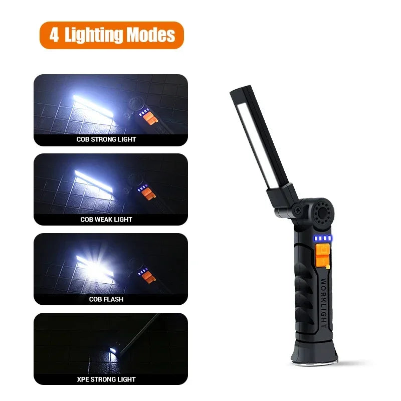 USB Rechargeable COB LED Flashlight Work Light Magnetic Torch Portable Hanging Lamp with Built-in Battery Camping Torch