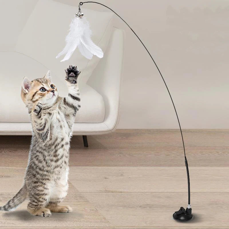 Feather Interactive Cat Toy Powerful Suction Cup Handfree Cat teasing Stick Kitten Playing Toy Wand  Products For Cats
