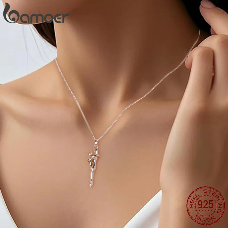 BAMOER 925 Sterling Silver Two-tones Hug Necklace, Detachable Mother and Child Pendant for Family Special DIY Love Jewelry