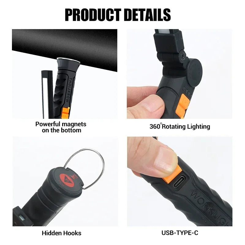 USB Rechargeable COB LED Flashlight Work Light Magnetic Torch Portable Hanging Lamp with Built-in Battery Camping Torch