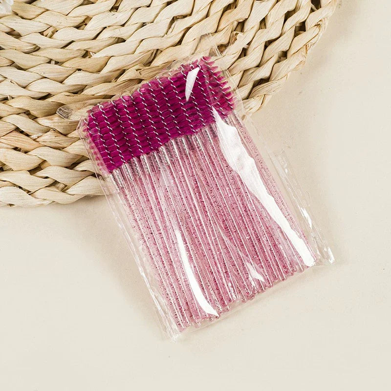 50Pcs Disposable Mascara Wands, Crystal Eyebrow Spoolies Brush for Eyelash Extensions Lash Brushes with Container Makeup Tools