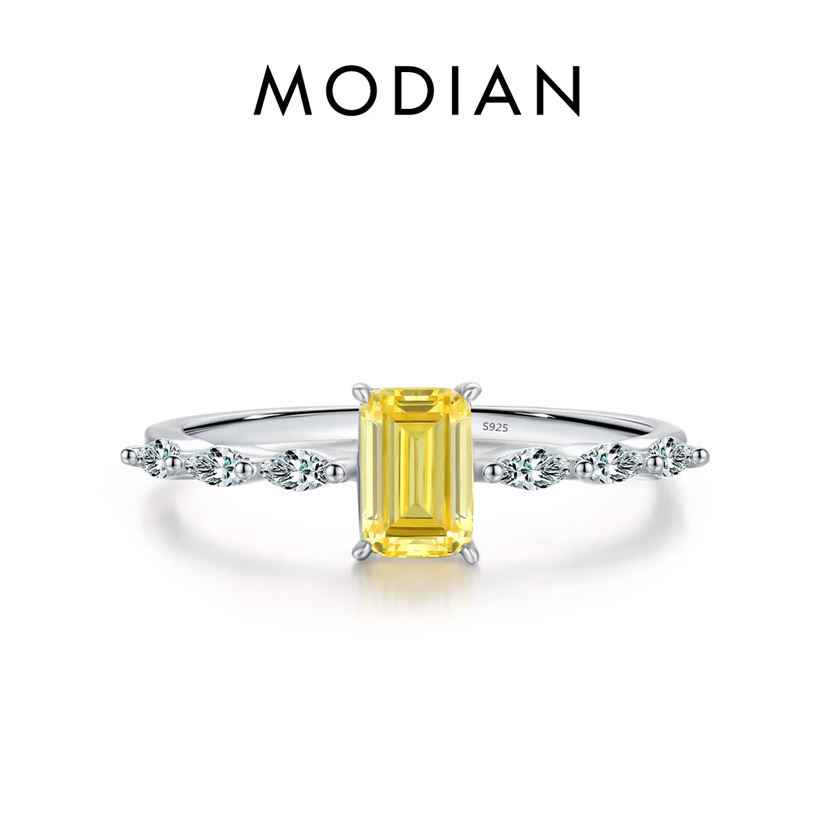 MODIAN Real 925 Sterling Silver Exquisite Sparkling Emerald Cut Pink Yellow Zirconia Ring For Women Wedding Luxury Fine Jewelry