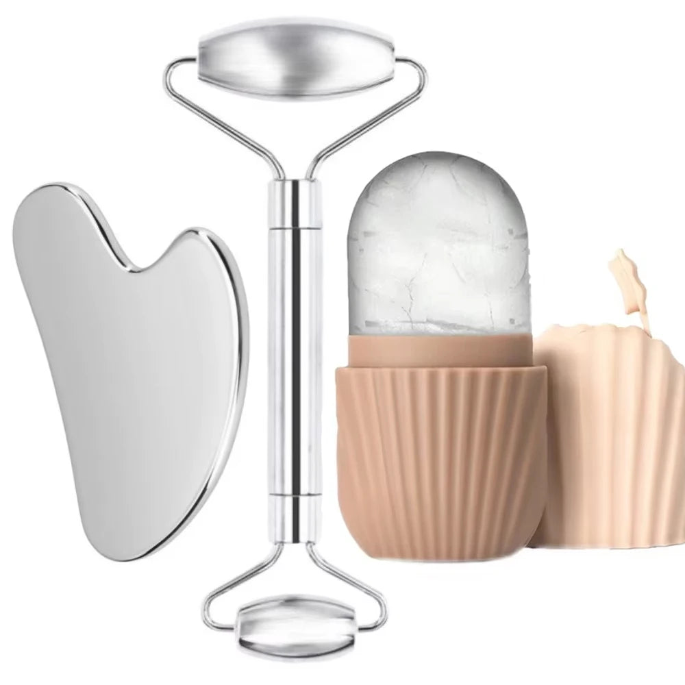Ice Face Roller & Stainless Steel Gua Sha Tool Set, Facial Massager Ice Roller Skin Care Tool Beauty Set Beauty Skin Care Tools