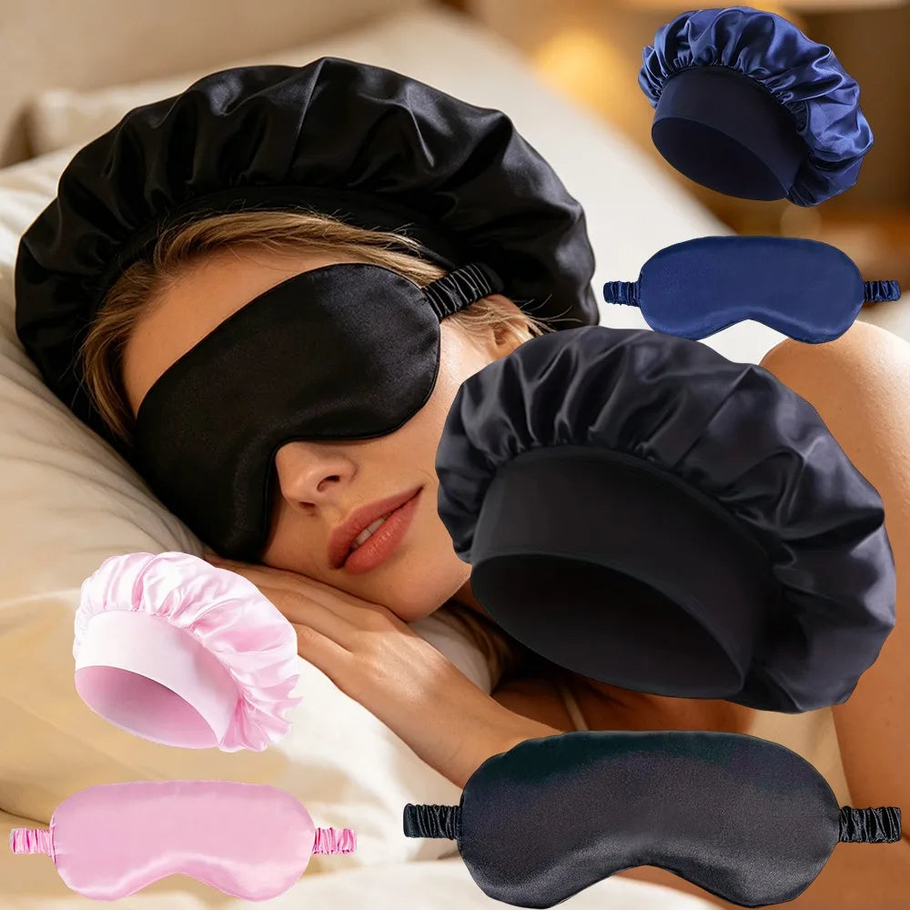 2PCS Satin Bonnet Sleep Cap Eye Mask Set Women Night Care Hair Wrap Sleeping Mask Silk Soft Comfortable Travel Rest Gift
