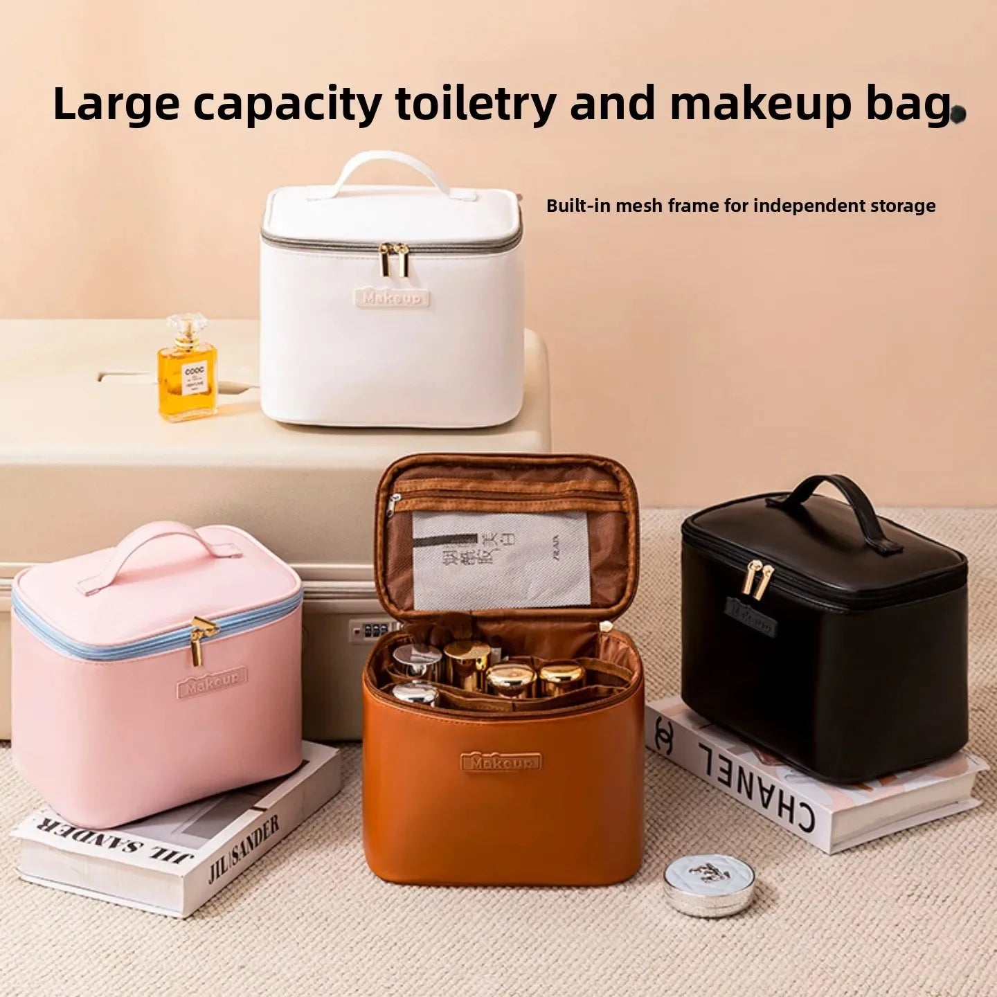 Large Capacity Waterproof Multifunctional Travel Cosmetic Bag Portable Makeup Storage Box PU Material Round Cylinder Shape