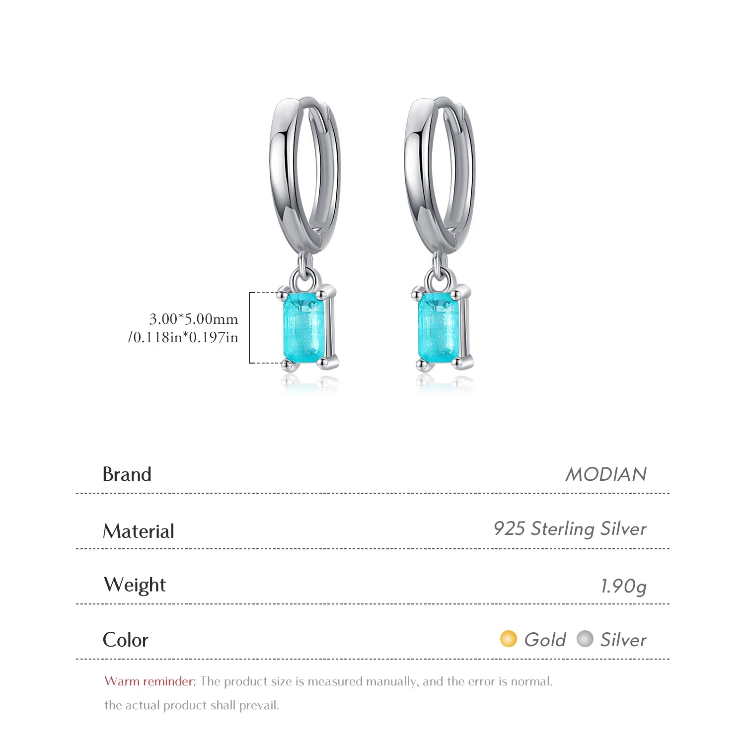 Modian Exquisite Tourmaline Hoop Earrings Fashion Real 925 Sterling Silver Rectangle Paraiba Earring For Women Fine Jewelry Gift