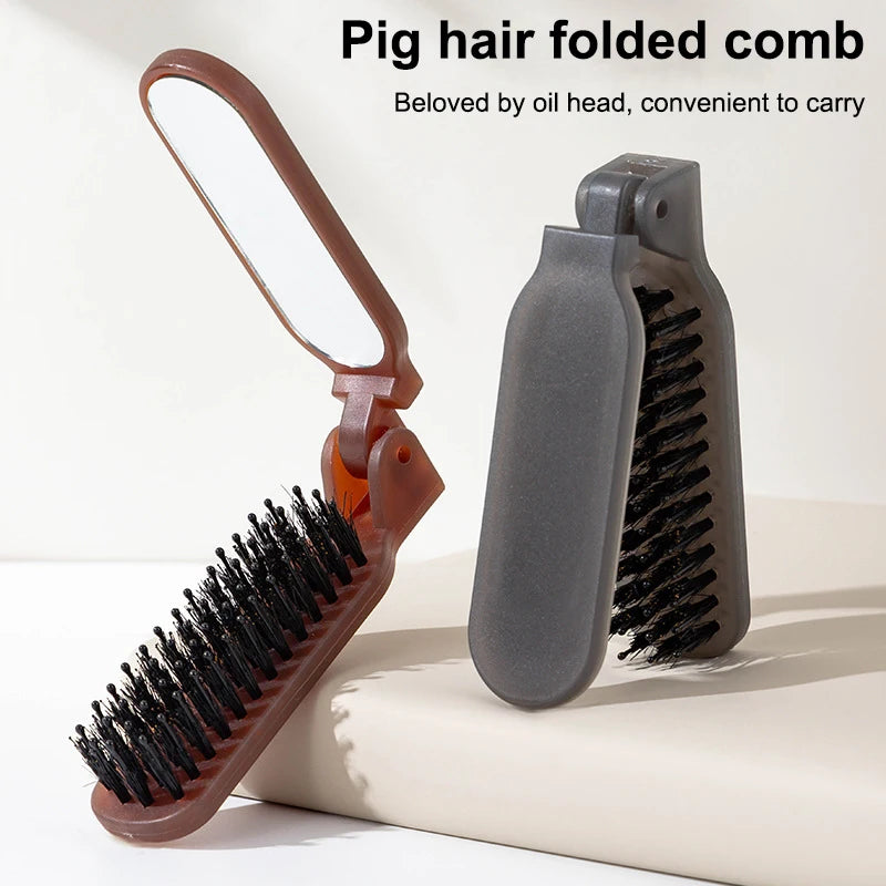 1Pc Boar Bristle Massage Hair Comb Anti Static with Makeup Mirror Folding Comb High Skull Integrated Styling Combs Supplies