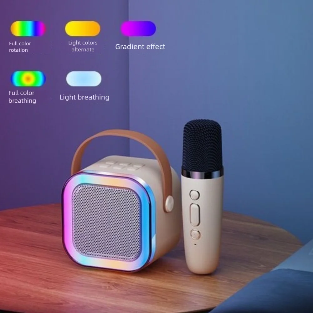 Bluetooth Audio Mini Karaoke Machine K12 with 1/2 Wireless Microphones Portable Bluetooth Speaker Fun Toys RGB Light