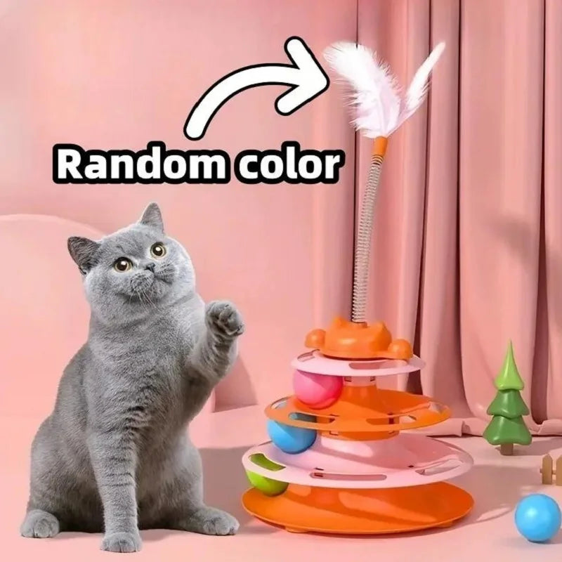 4-Layers Feather Cat Turntable with Fun Toy Ball and Playing Stick Interactive Cat Toy Tower Kitten Turntable Track Roller Balls