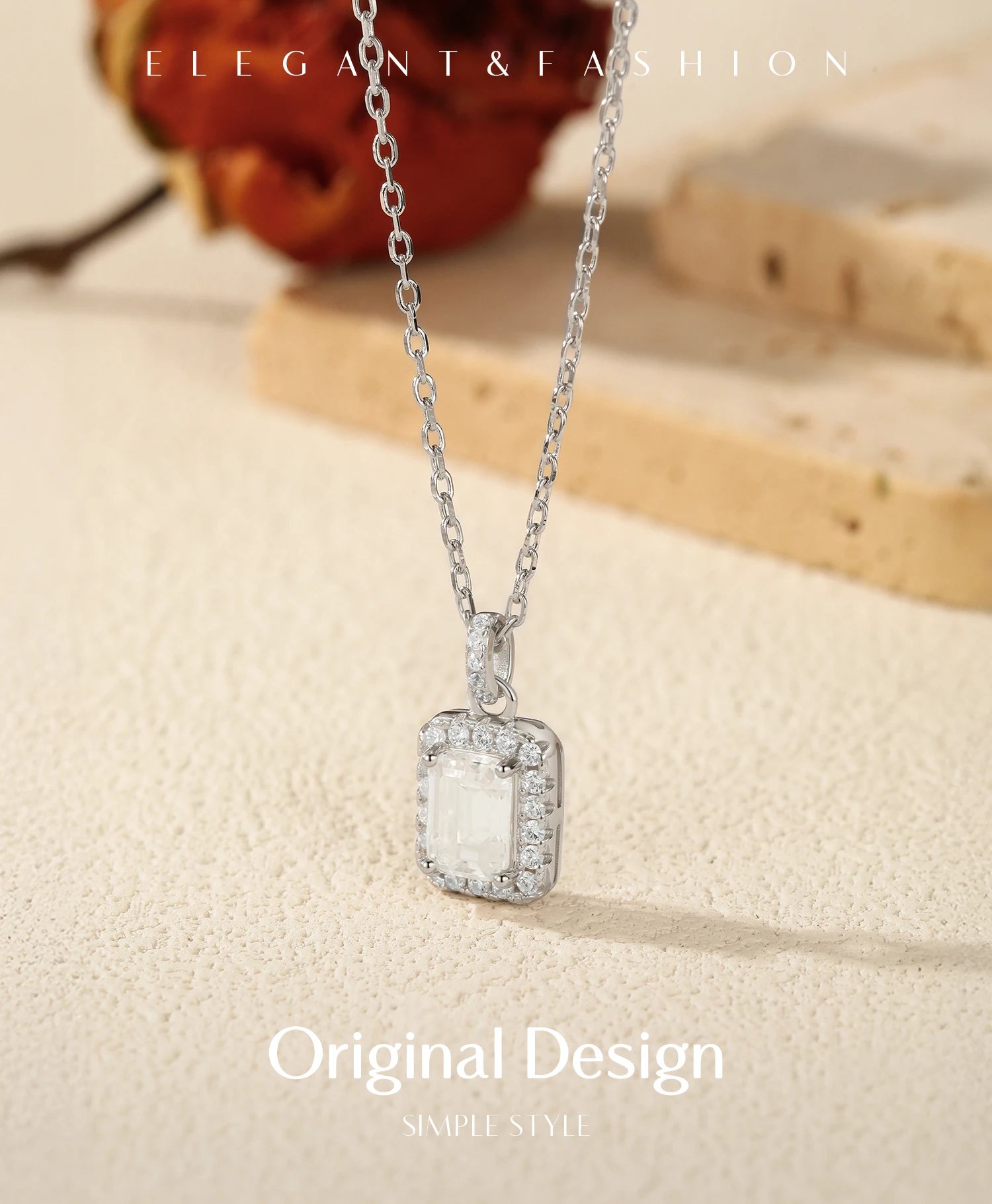MODIAN 1CT D Color Emerald Cut Moissanite Halo Necklace 925 Sterling Silver Rectangle Wedding Pendant Necklace For Women Jewelry