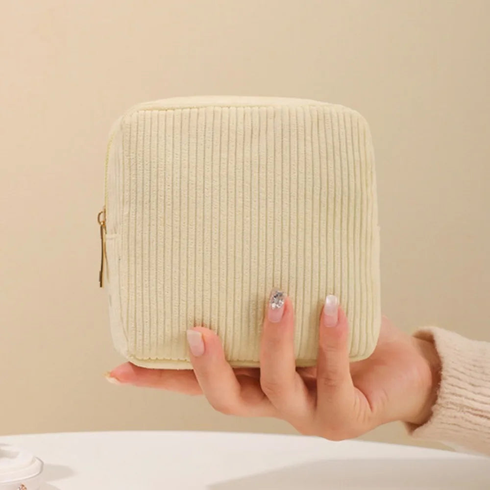 Small Makeup Bag for Purse Mini Cosmetics Bag Corduroy Cute Cosmetic Pouch for Women with Slip-in Pockets Storage Clutch
