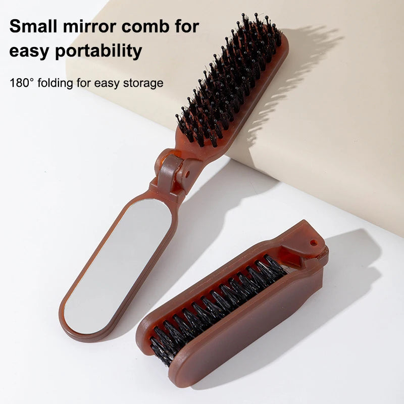 1Pc Boar Bristle Massage Hair Comb Anti Static with Makeup Mirror Folding Comb High Skull Integrated Styling Combs Supplies