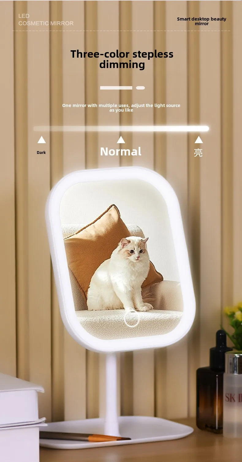 LED Vanity Mirror Intelligent Adjustable Three-color Light Vanity Mirror Desktop Fill Light Mirror One Touch Charging Model