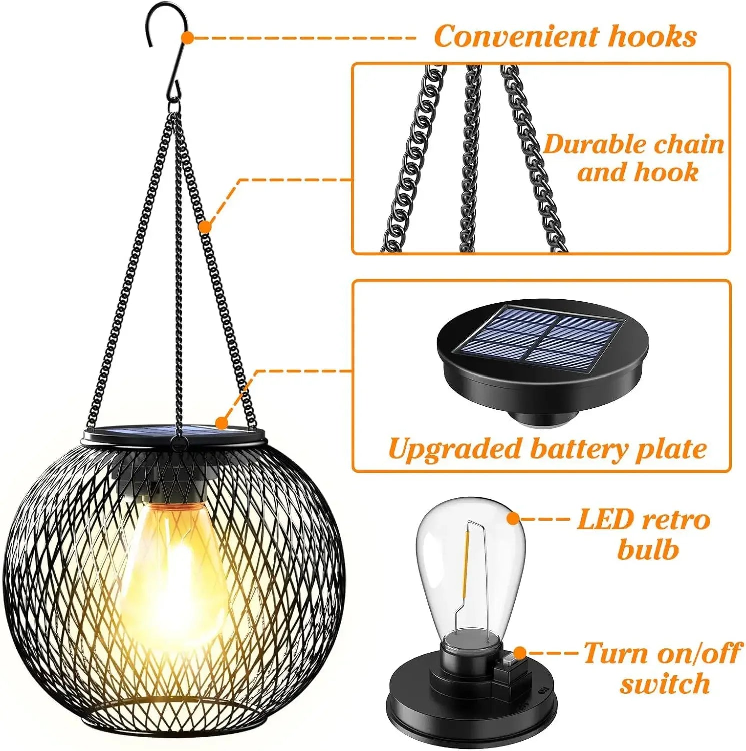 Solar Powered Thickened Wrought Iron Rustic Lattice Mesh Pendant Light Outdoor Garden Backyard Dimmable LED Hanging Decor Lamp
