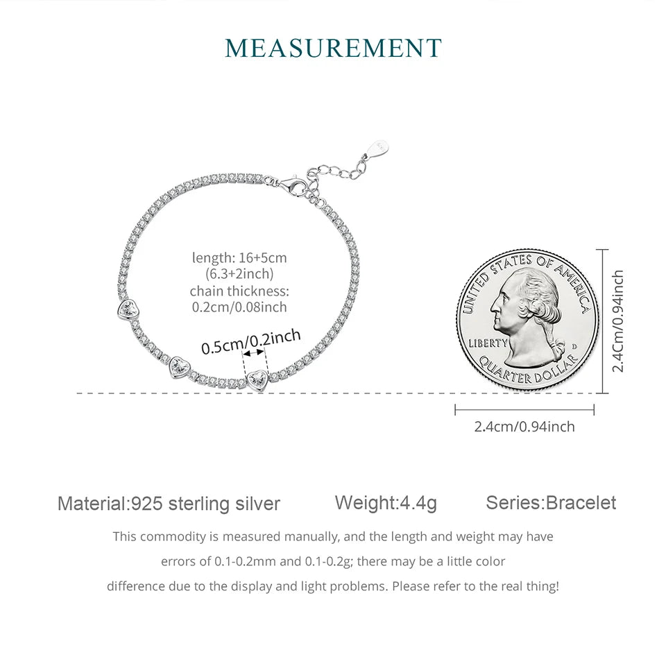 BAMOER 925 Sterling Silver Elegant Heart Bracelets for Women, Adjustable Chain Tennis Bracelet Jewelry Gifts