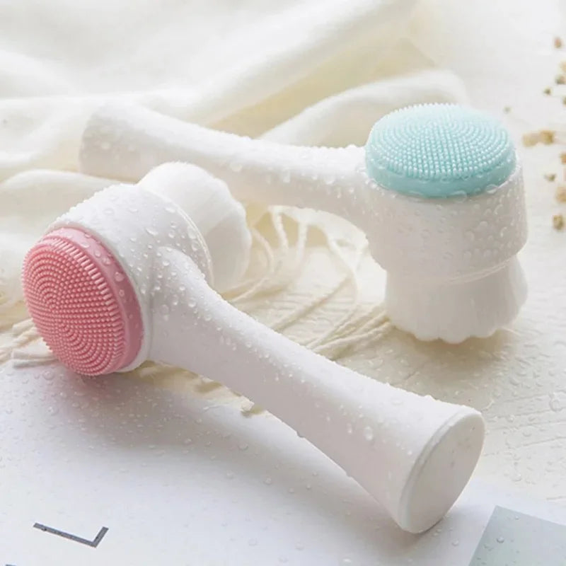 QIWU 3D Double Silicone Facial Cleansing Brush Manual Massage Facial Brush Soft Bristles Exfoliator Double Sided Face Wash Brush