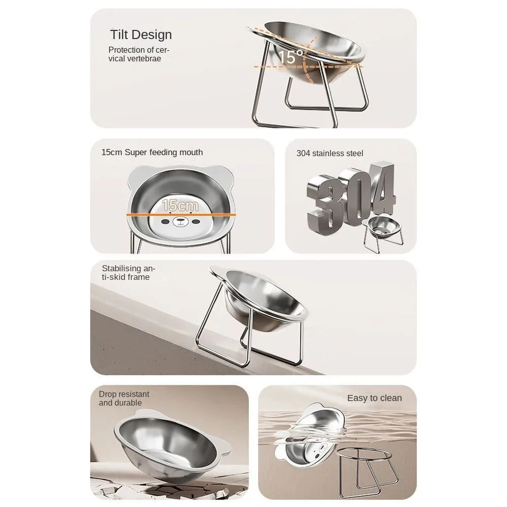 15 Degree Inclined Stainless Steel Cat Bowl Detachable Anti Overturning Elevated Cat Water Bowl Neck Protection Anti-flip