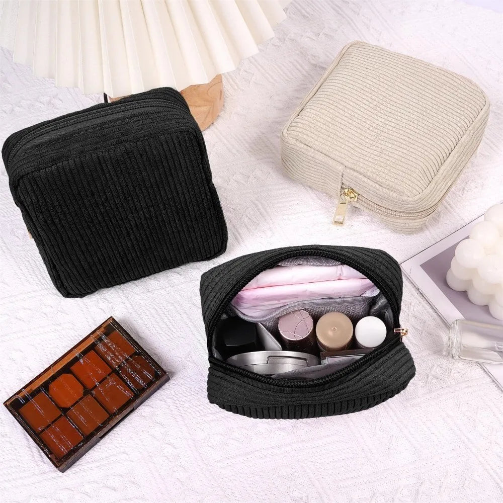 Small Makeup Bag for Purse Mini Cosmetics Bag Corduroy Cute Cosmetic Pouch for Women with Slip-in Pockets Storage Clutch