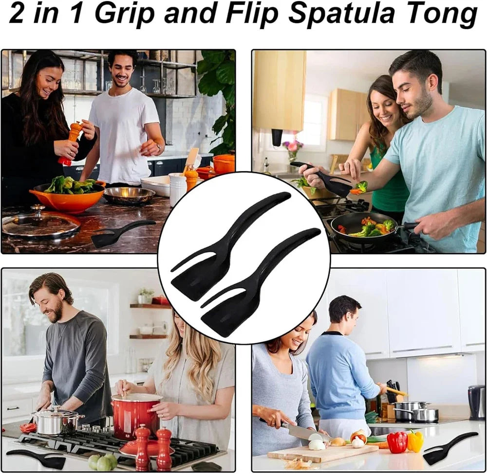 New 2 in 1 Grip Flip Spatula Tongs Egg Flipper Spatula Nylon Non Stick Coating Pancake Fish French Toast Omelet Making Tool