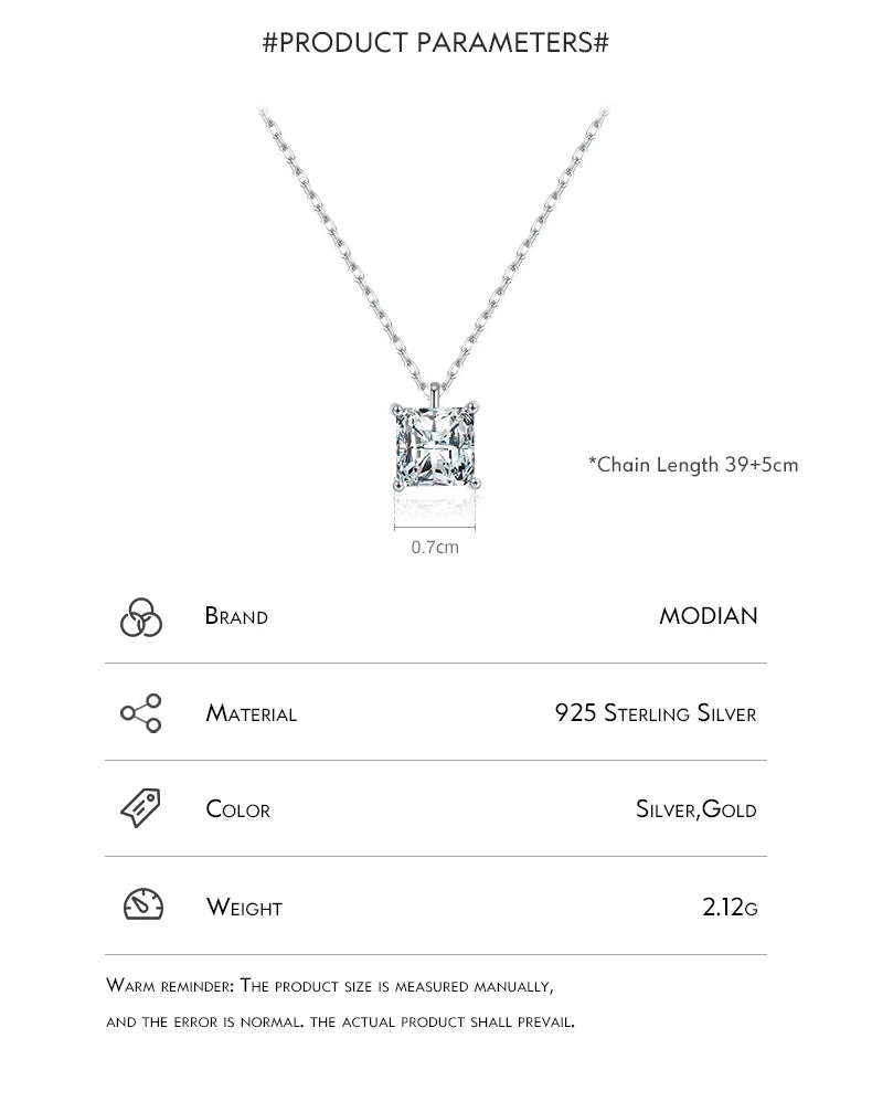 MODIAN 925 Sterling Silver Square Sparkling AAAAA CZ Pendant Necklace Platinum Plated Neck Chain for Wowen Weddng Fine Jewelry