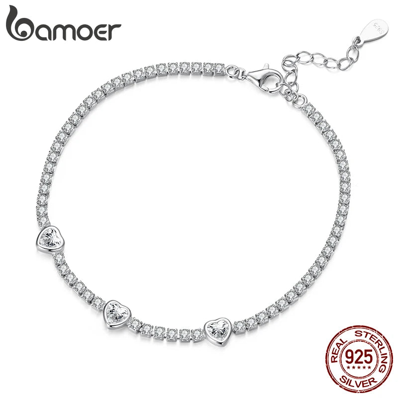 BAMOER 925 Sterling Silver Elegant Heart Bracelets for Women, Adjustable Chain Tennis Bracelet Jewelry Gifts