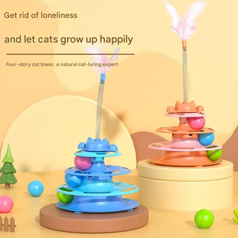 4-Layer 1pcs  Feather Cat Turntable With Fun Toy Ball And Playing Stick - Interactive Toy For Cats