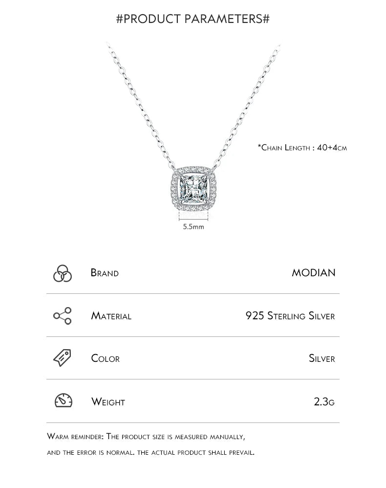 Modian Real 925 Sterling Silver Exquisite Square Shiny Zirconia Pendant Clear CZ Chain Necklace for Women Wedding Fine Jewelry