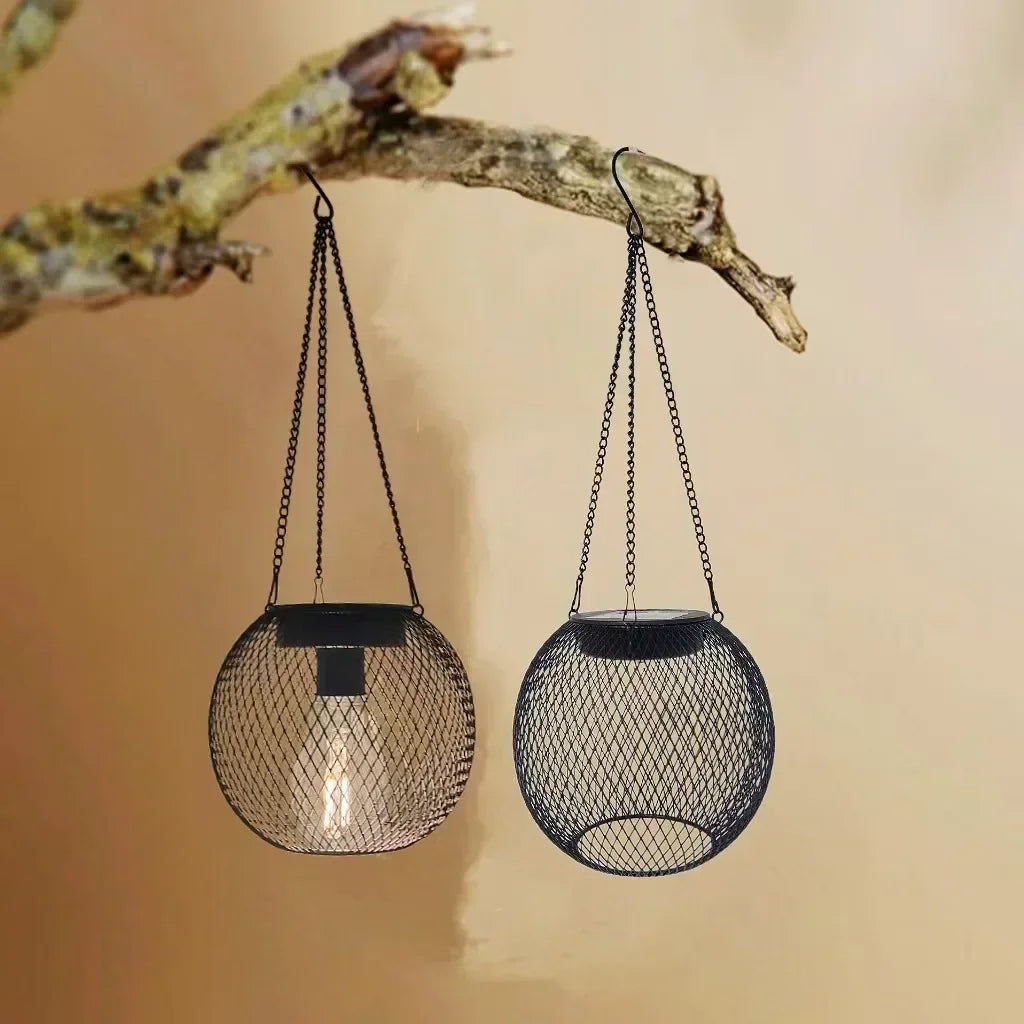 Solar Powered Thickened Wrought Iron Rustic Lattice Mesh Pendant Light Outdoor Garden Backyard Dimmable LED Hanging Decor Lamp