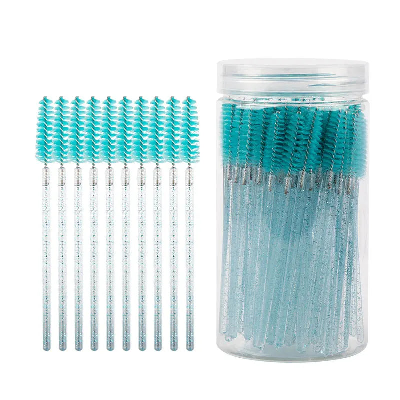 50Pcs Disposable Mascara Wands, Crystal Eyebrow Spoolies Brush for Eyelash Extensions Lash Brushes with Container Makeup Tools