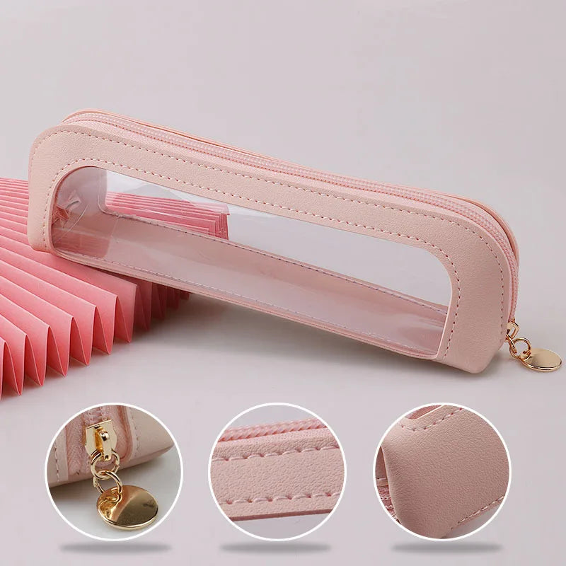 Clear Makeup Bag, PU Leather Travel Makeup Brush Case Portable Transparent Waterproof Cosmetic Organizer Pouch with Zipper