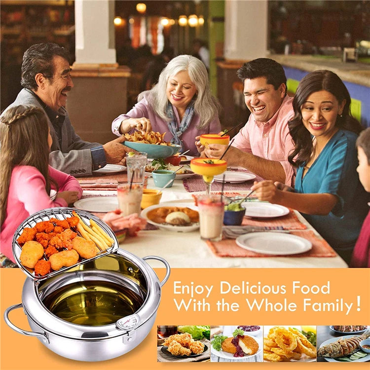 Japanese Deep Frying Pot with a Thermometer and a Lid 304 Stainless Steel Kitchen Tempura Fryer Pan