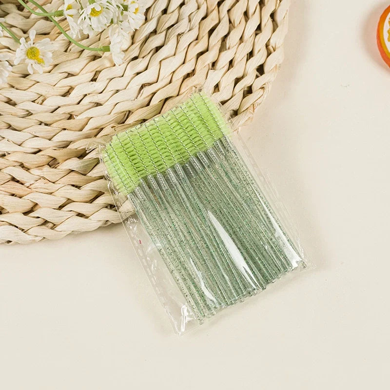 50Pcs Disposable Mascara Wands, Crystal Eyebrow Spoolies Brush for Eyelash Extensions Lash Brushes with Container Makeup Tools