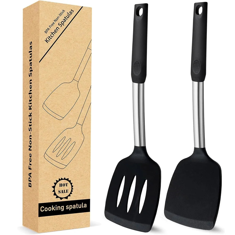 2 Pieces Silicone Spatula Kitchen Cooking Utensils Stainless Steel Tight Spatula Leaky Spatula Non-stick Cookware Kitchen Tools