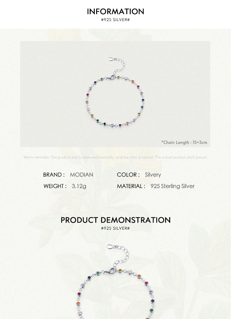 MODIAN Bohemia Style Charm Chain Bracelet For Women Real 925 Sterling Silver Rainbow Color CZ Female Fashion Jewelry Accessory