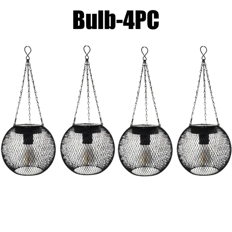 Solar Powered Thickened Wrought Iron Rustic Lattice Mesh Pendant Light Outdoor Garden Backyard Dimmable LED Hanging Decor Lamp