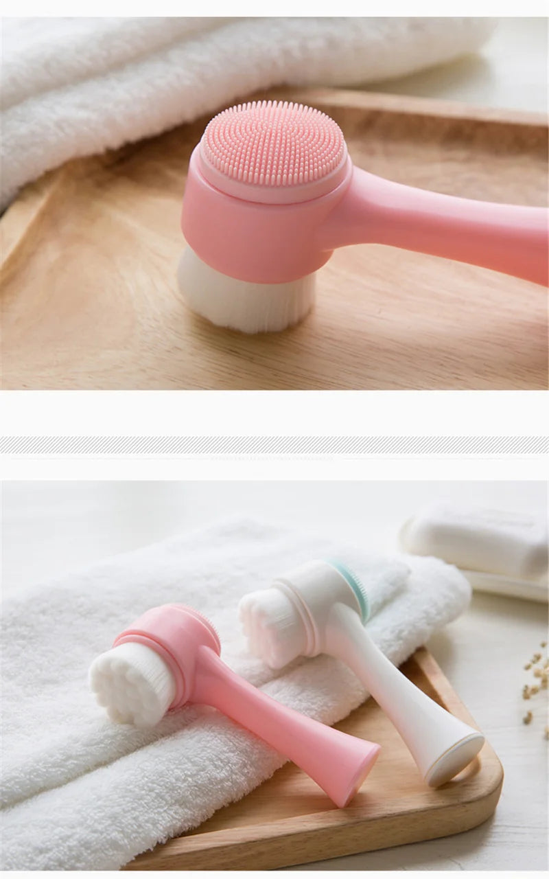 QIWU 3D Double Silicone Facial Cleansing Brush Manual Massage Facial Brush Soft Bristles Exfoliator Double Sided Face Wash Brush