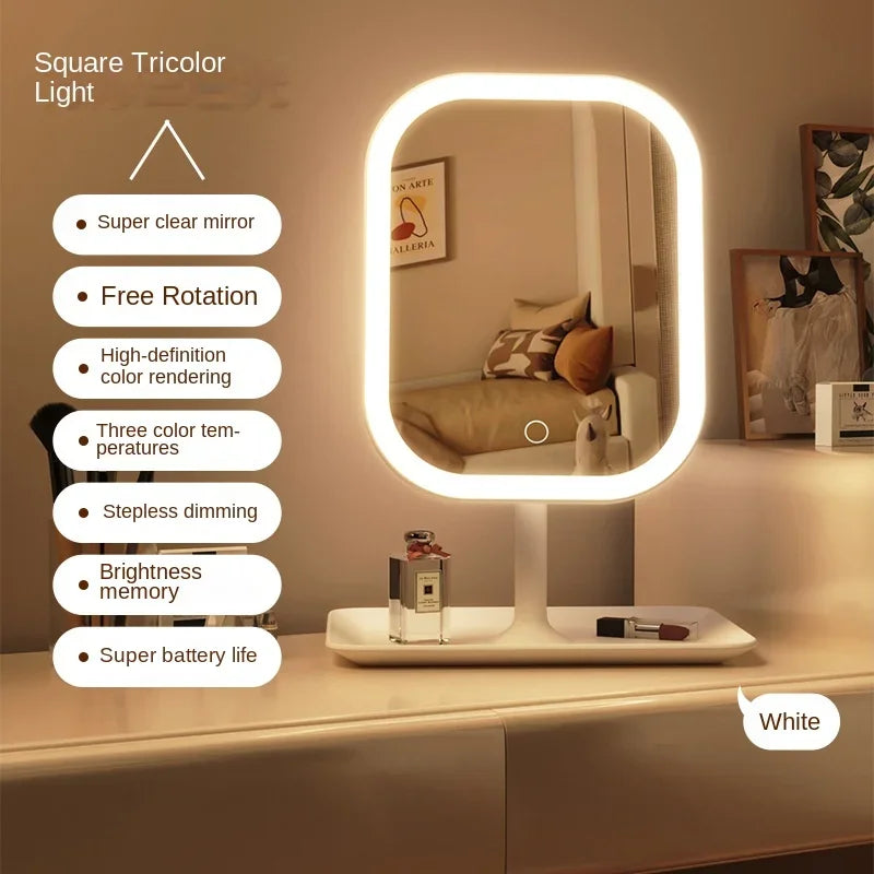 LED Vanity Mirror Intelligent Adjustable Three-color Light Vanity Mirror Desktop Fill Light Mirror One Touch Charging Model