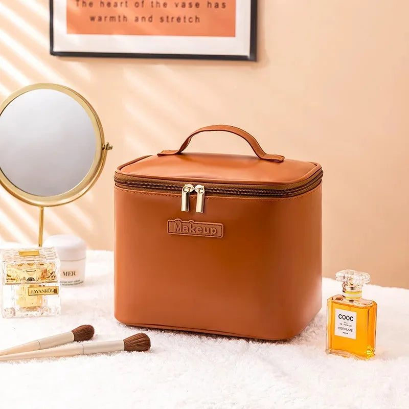 Large Capacity Waterproof Multifunctional Travel Cosmetic Bag Portable Makeup Storage Box PU Material Round Cylinder Shape