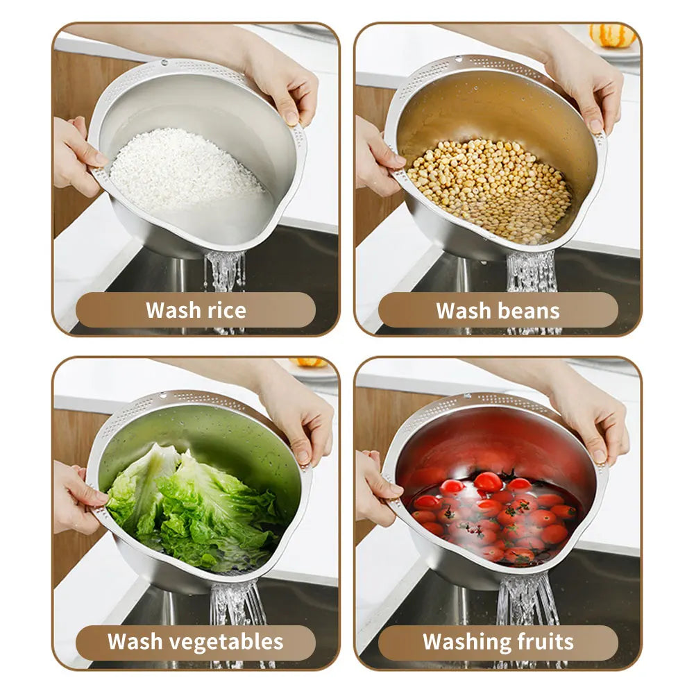 Multifunctional Rice Rinser Bowl Drainer Scoop Water Filter Cup Stainless Steel for Washing Fruits Vegetables Draining
