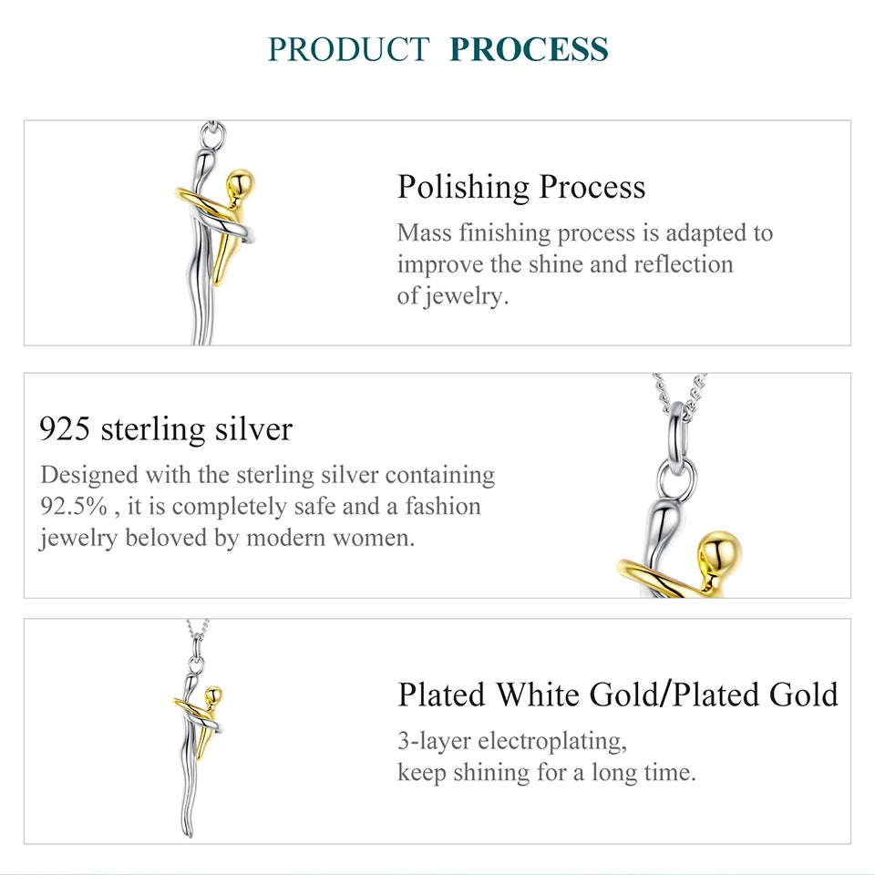 BAMOER 925 Sterling Silver Two-tones Hug Necklace, Detachable Mother and Child Pendant for Family Special DIY Love Jewelry