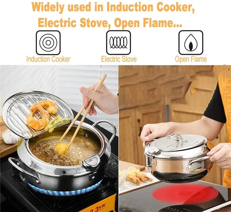 Japanese Deep Frying Pot with a Thermometer and a Lid 304 Stainless Steel Kitchen Tempura Fryer Pan