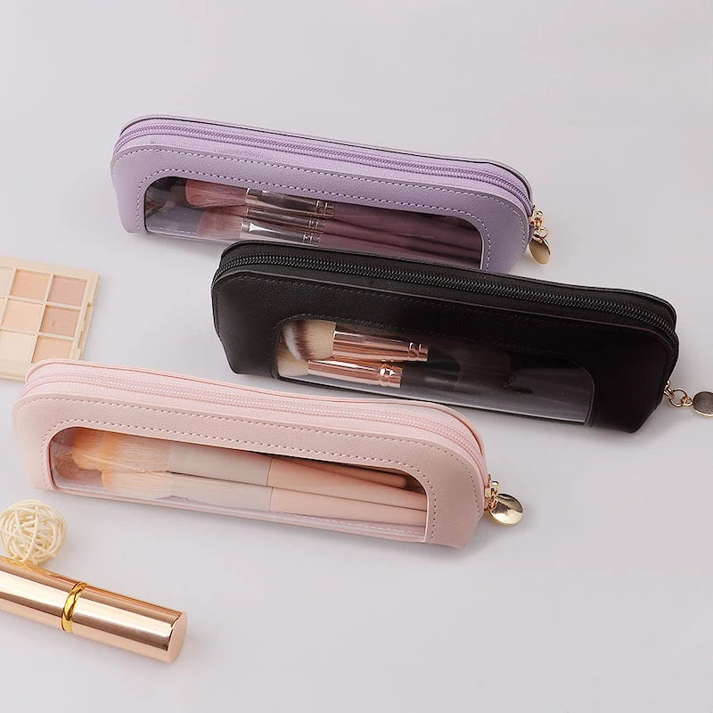 Clear Makeup Bag, PU Leather Travel Makeup Brush Case Portable Transparent Waterproof Cosmetic Organizer Pouch with Zipper