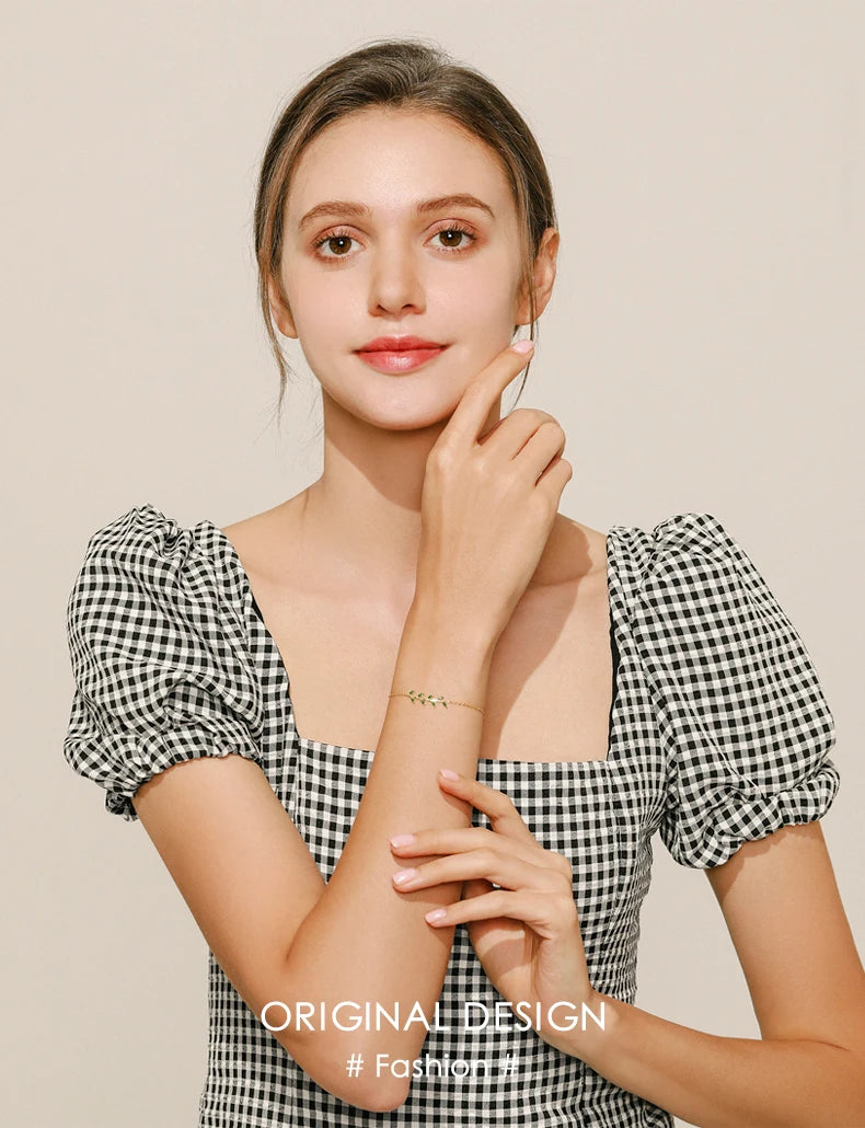 MODIAN 925 Sterling Silver Green Leaf Zirconia Adjustable Link Chain Bracelet For Women Fashion Wedding Jewelry Accessories