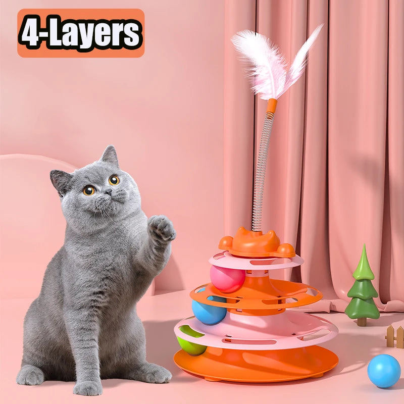 4-Layers Feather Cat Turntable with Fun Toy Ball and Playing Stick Interactive Cat Toy Tower Kitten Turntable Track Roller Balls